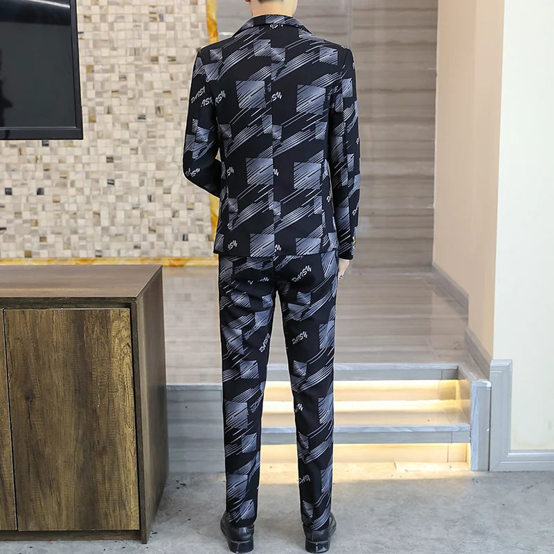 Korean Lettering Slim Suit Trousers Set