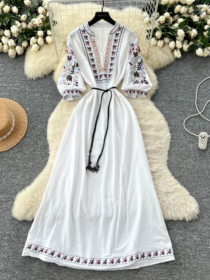 Retro Embroidered V-Neck Dress