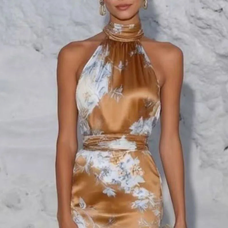 Floral Satin Halter Bodycon Dress
