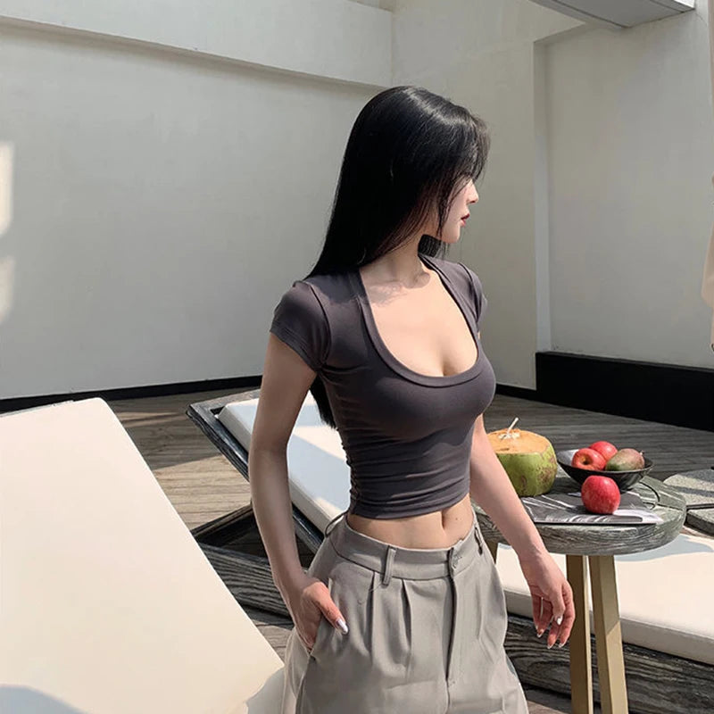 Broadcloth Solid Square Neck Slim Fit Crop Top