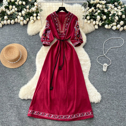 Retro Embroidered V-Neck Dress