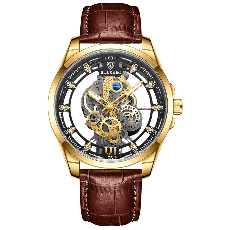 LIGE Gold Skeleton Vintage Watch