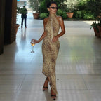 Leopard Halter Backless Maxi Dress