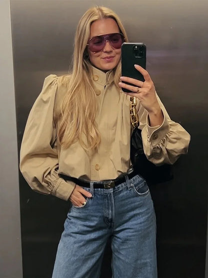Puff Sleeve Cropped Bomber Jacket for Women