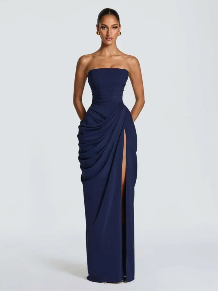 Strapless Pleated Long Dress