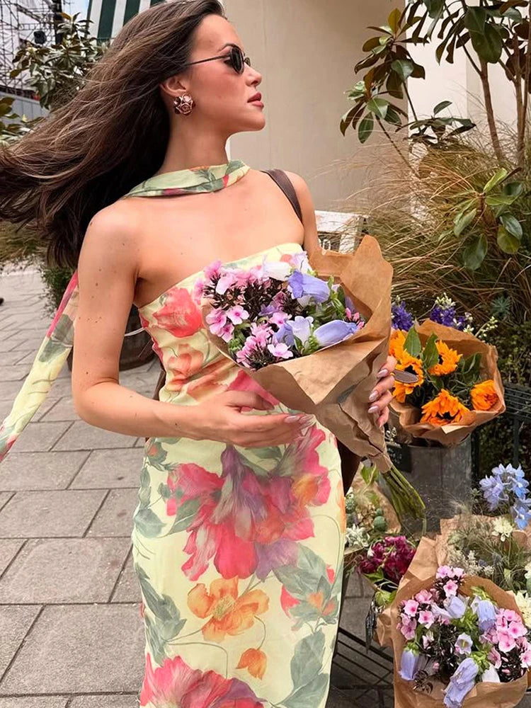 Blossom Print Strapless Maxi Dress