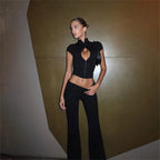 Synthetic Solid Zip Front Two-Piece Yoga Set