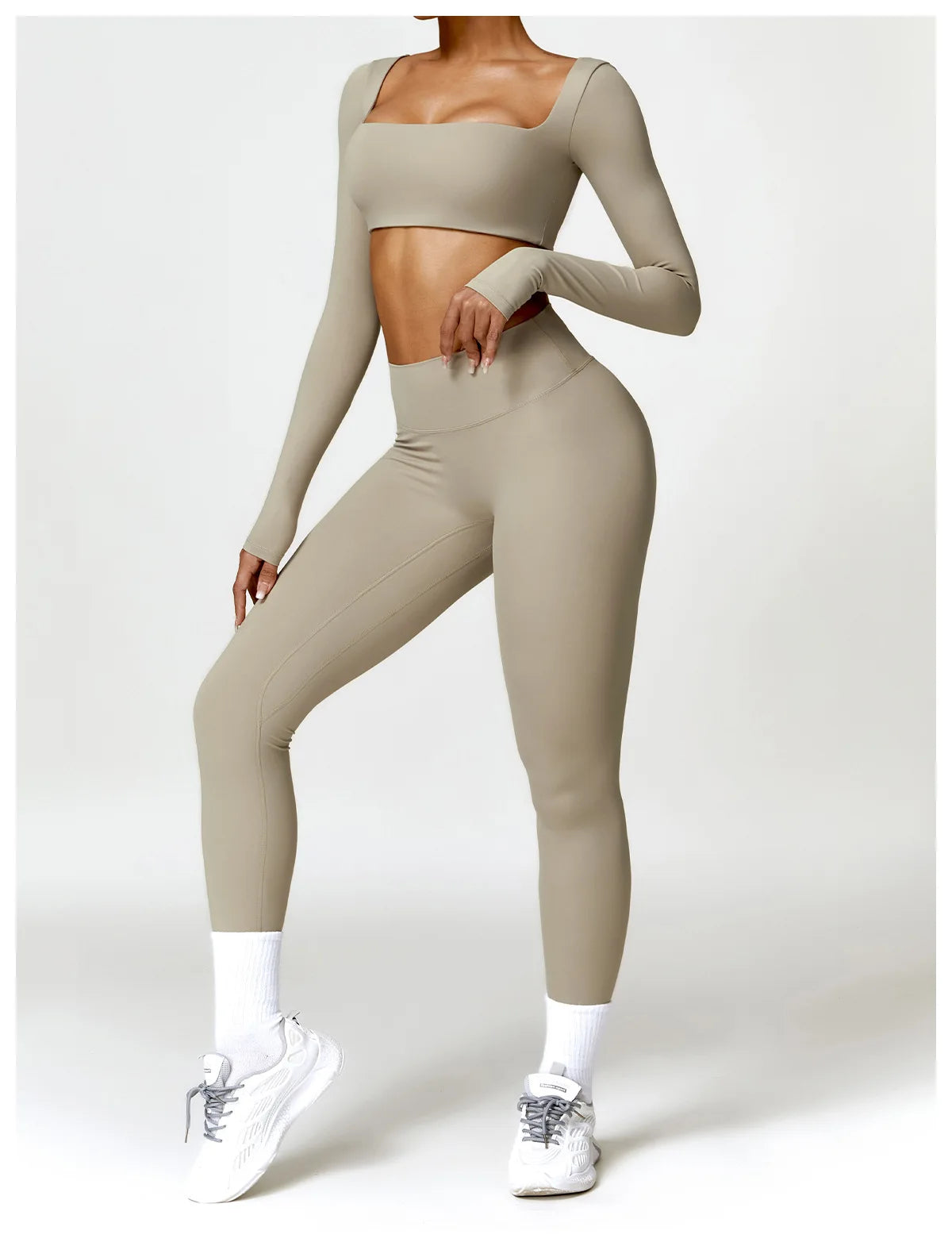 Nylon Solid Long Sleeve Two-Piece Yoga Set