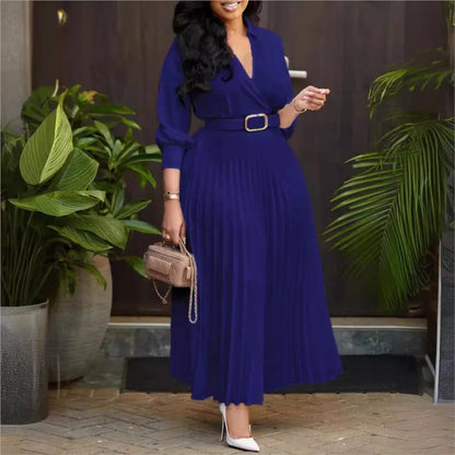 Pleated V-Neck Belted Midi Dress