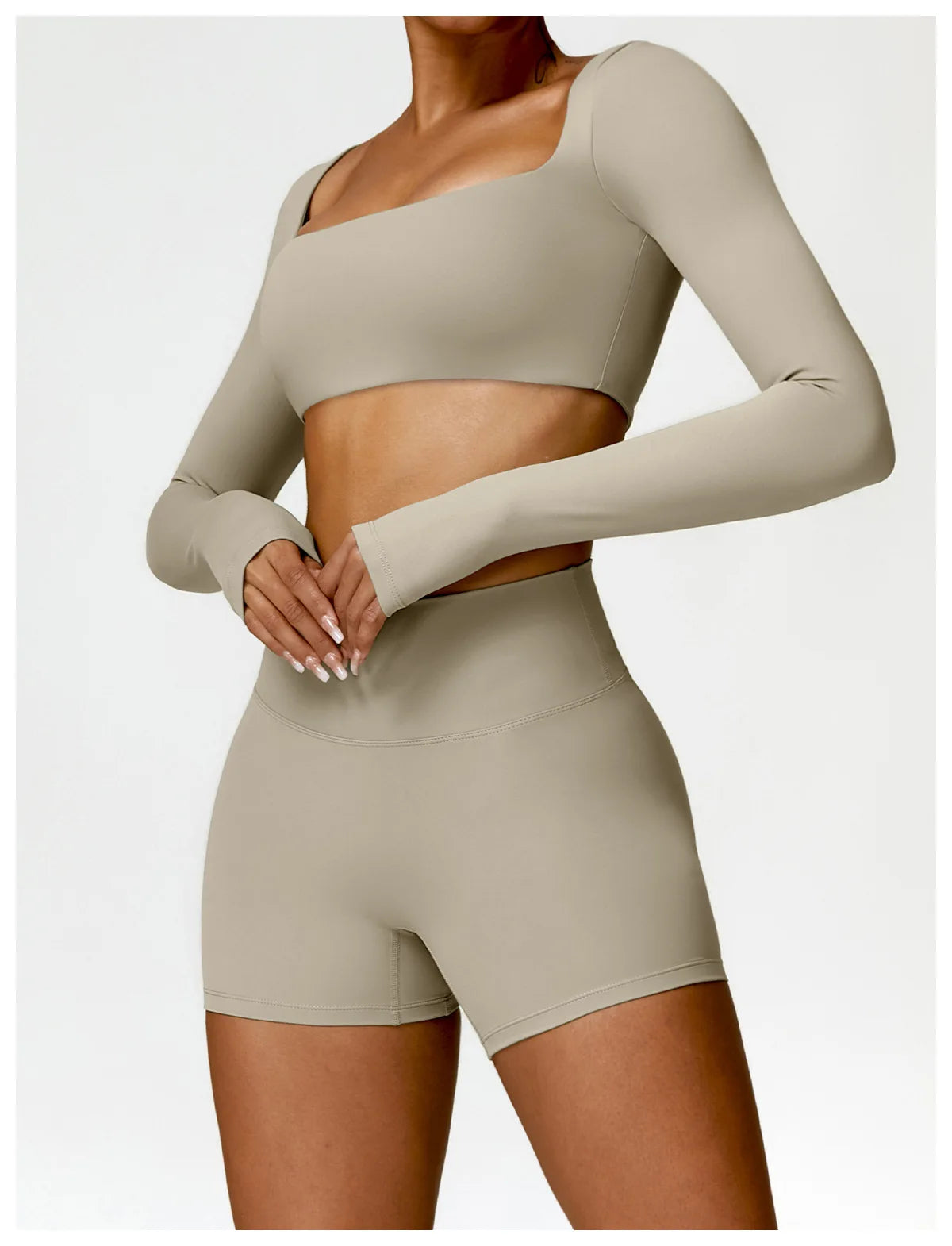 Nylon Solid Long Sleeve Two-Piece Yoga Set