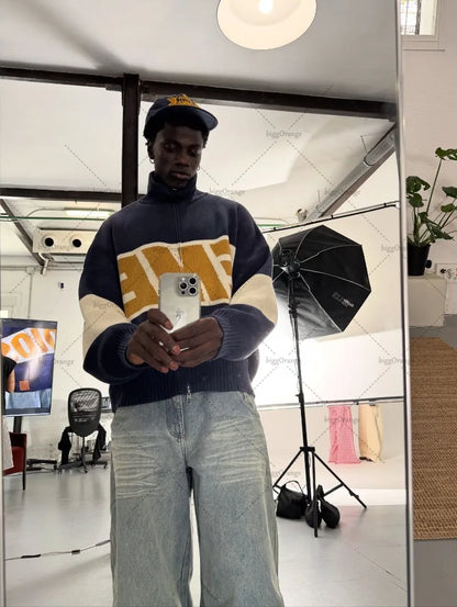 Spliced Letter Embroidery Zipper Cardigan