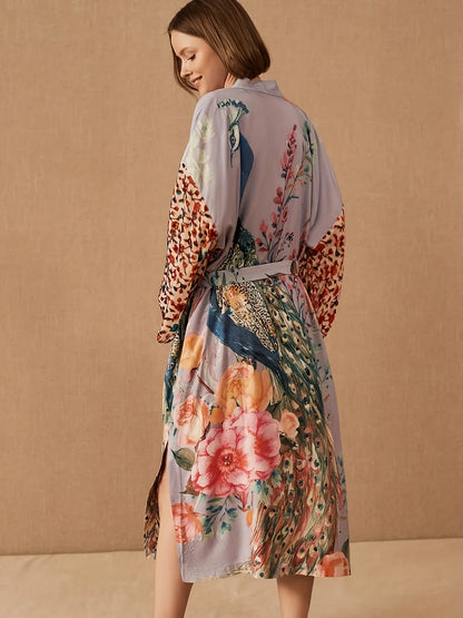 Peacock Print Beach Kimono