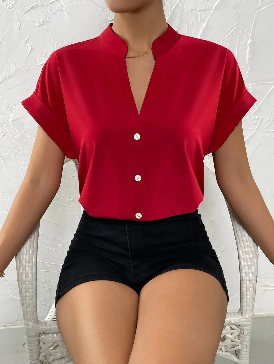 Jersey Solid Button Front Regular Fit Top