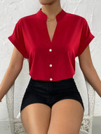 Jersey Solid Button Front Regular Fit Top