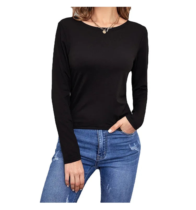 Broadcloth Solid Crew Neck Long Sleeve Top