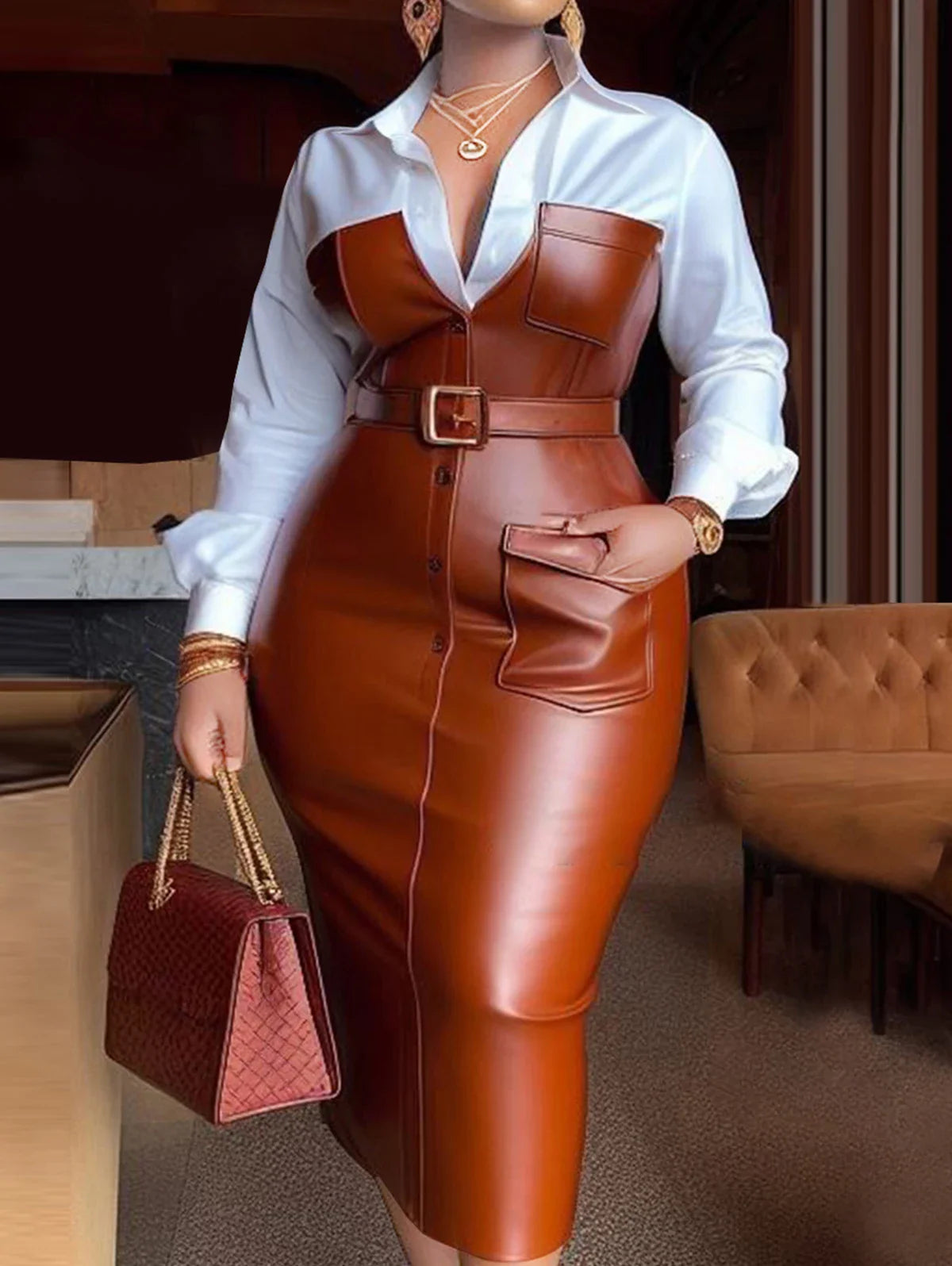 Women's PU Leather Belted Dress