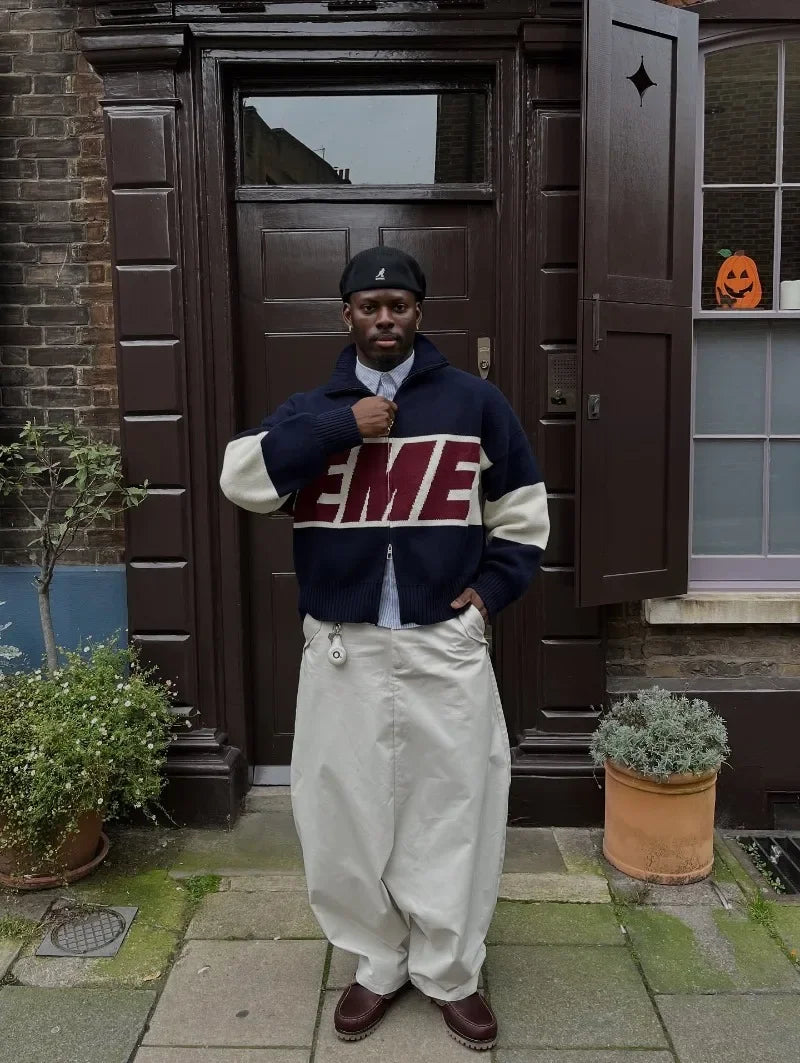 Spliced Letter Embroidery Zipper Cardigan