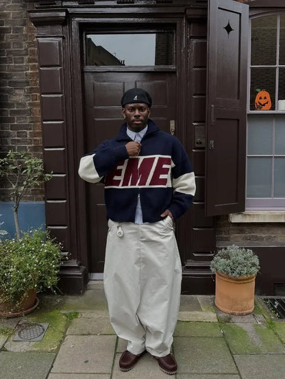 Spliced Letter Embroidery Zipper Cardigan