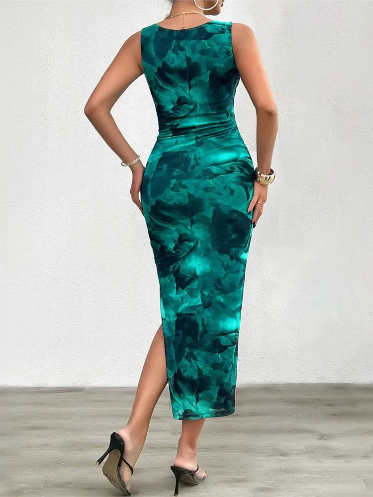 Printed Round-Neck Split-Hem Dress