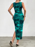 Printed Round-Neck Split-Hem Dress