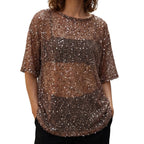 Brown Sequin Mesh Top