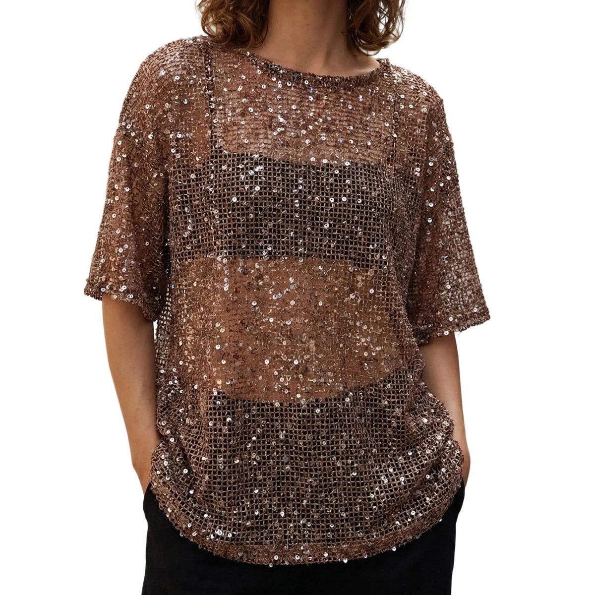 Brown Sequin Mesh Top