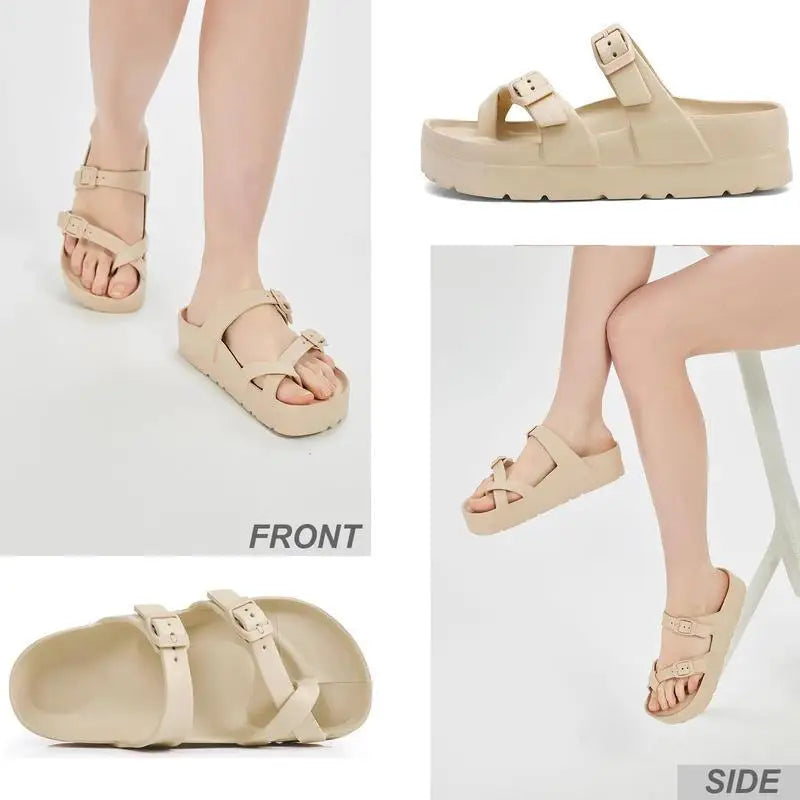 Women Buckle Platform Slides