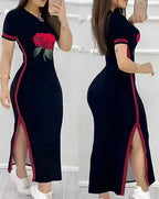 Rose Print Side Slit Dress