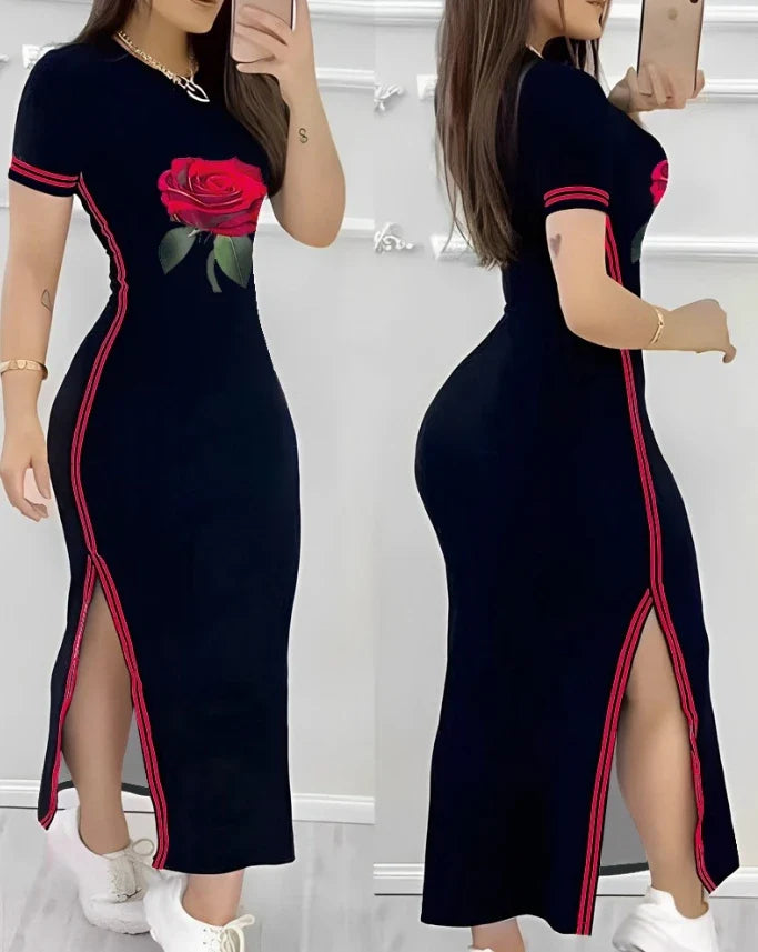 Rose Print Side Slit Dress