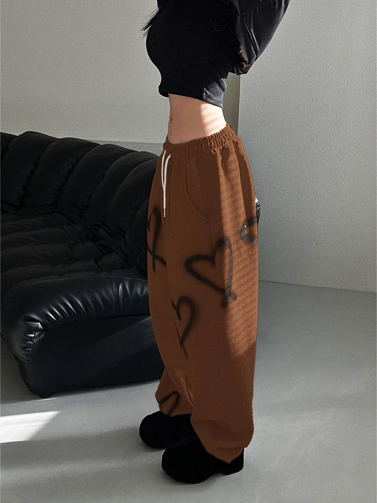 Heart Print Drawstring Wide-Leg Sweatpants