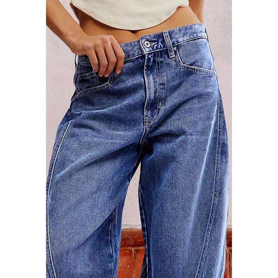 Curved-Splicing Vintage-Wash Jeans