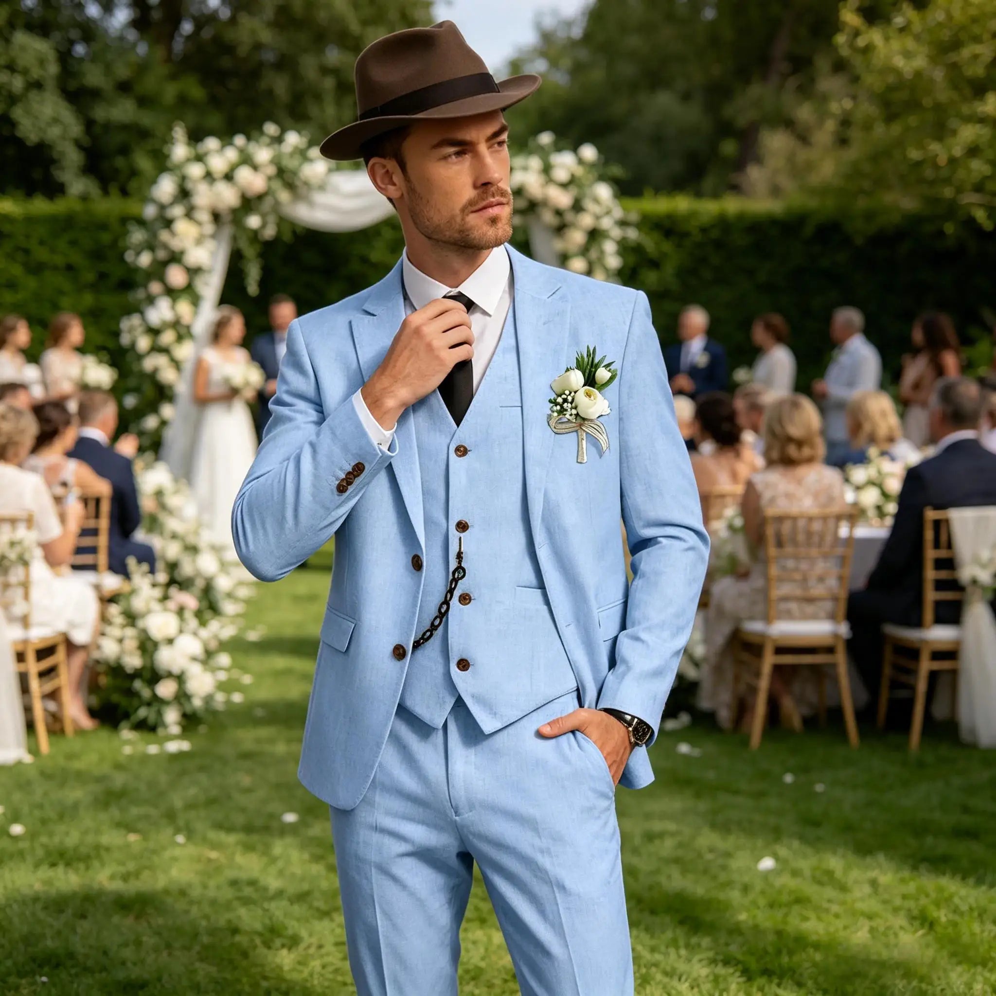 Three-Piece Linen Notch-Lapel Suit