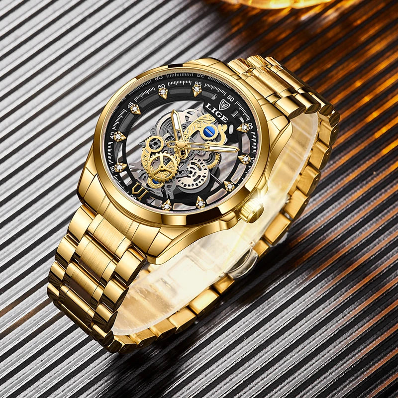LIGE Gold Skeleton Vintage Watch