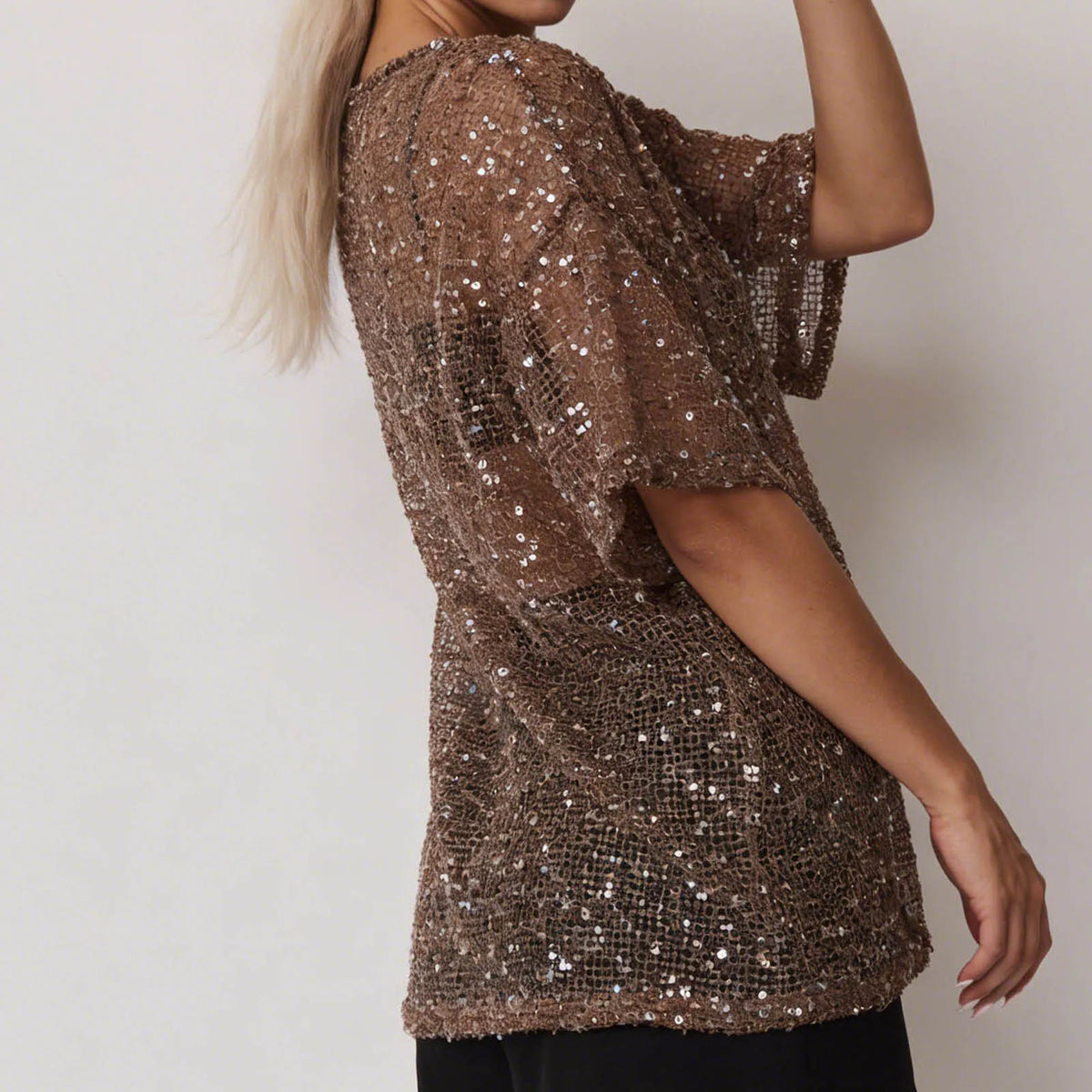 Brown Sequin Mesh Top
