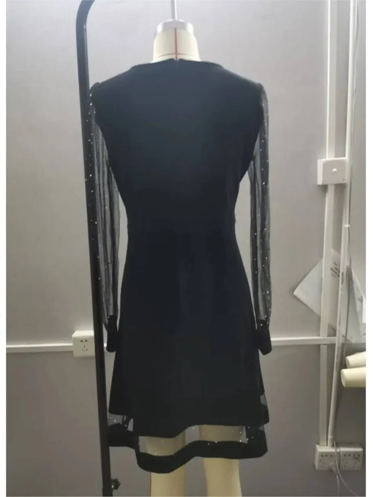 Sequin Deep V-Neck Mesh Midi Dress
