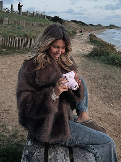 Retro Collar Faux Fur Coat