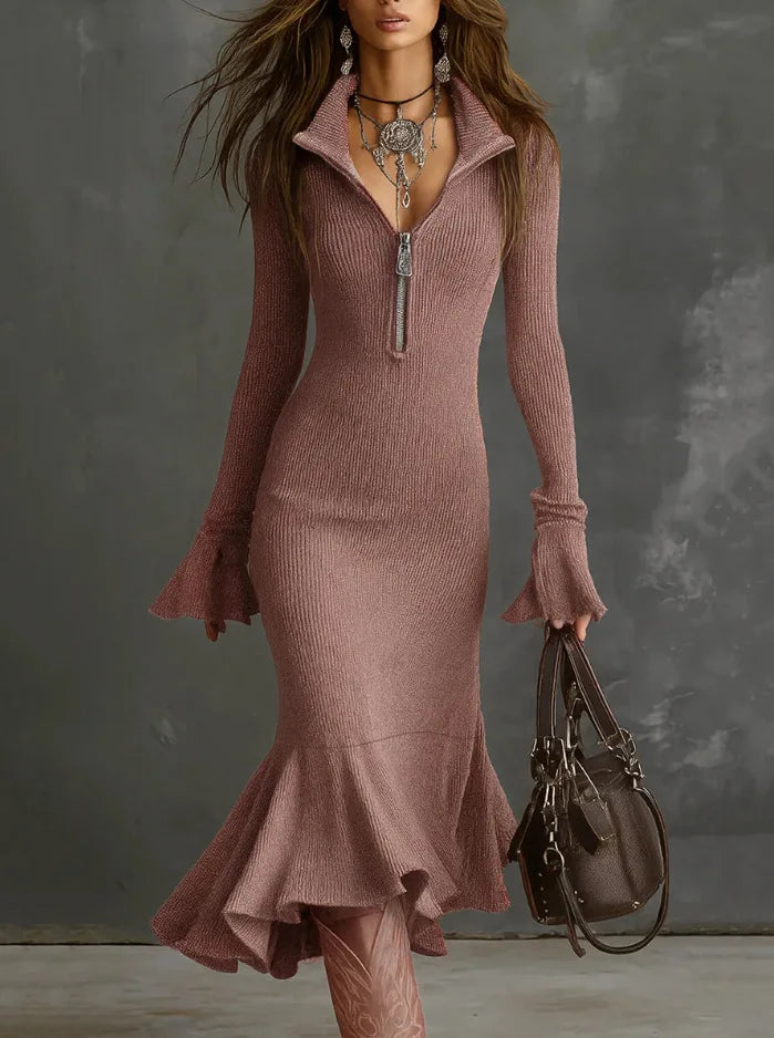 Zipper Lapel Fishtail Dress