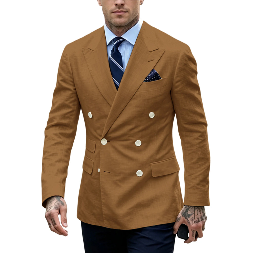 Linen Double-Breasted Slim Tuxedo Blazer