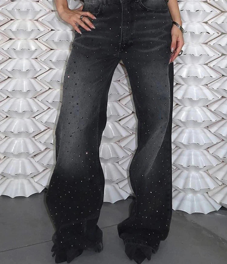 Black Rhinestone Baggy Jeans