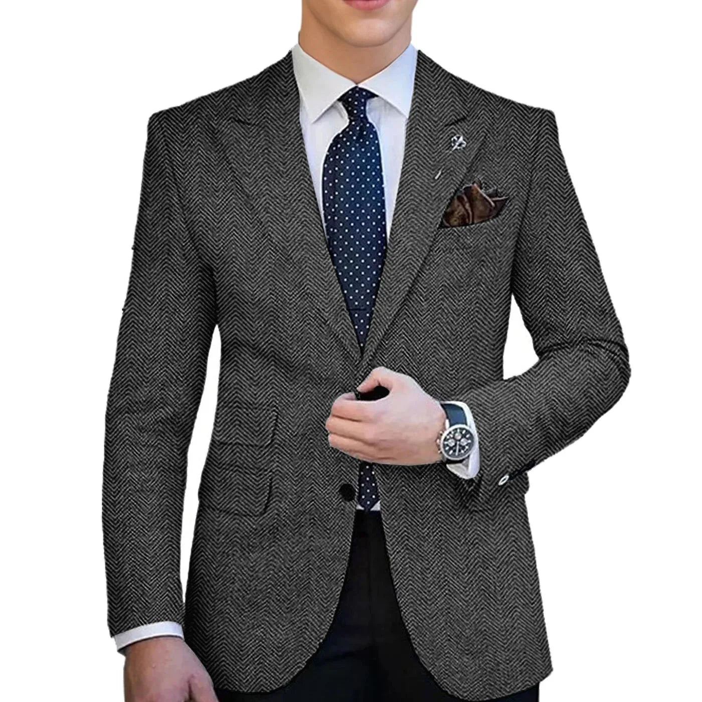 Herringbone Tweed Single-Breasted Blazer