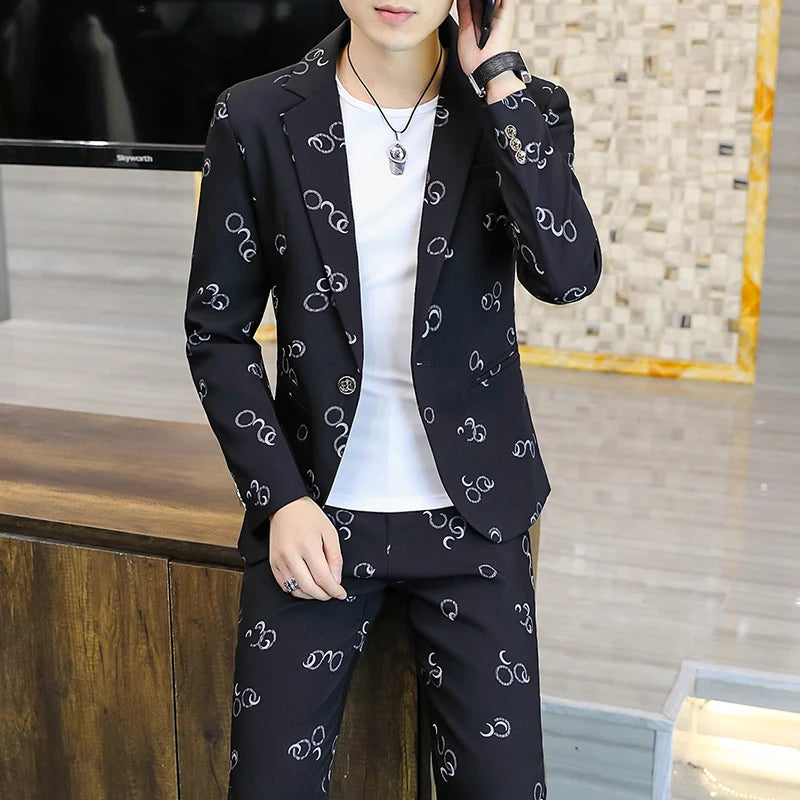 Korean Lettering Slim Suit Trousers Set