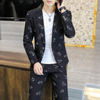 Korean Lettering Slim Suit Trousers Set