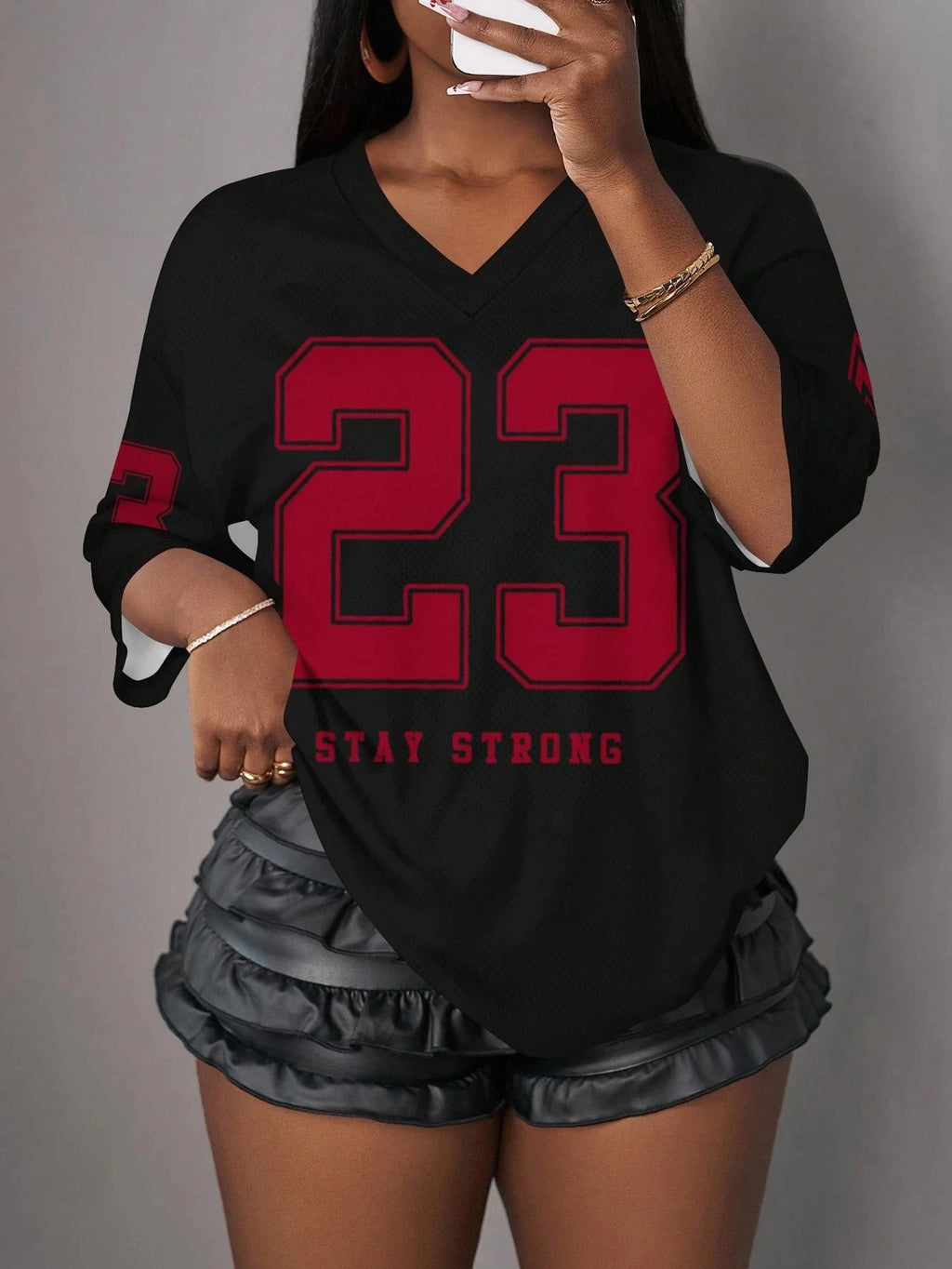 Blended Letter Print V-Neck True-To-Size Fit T-Shirt