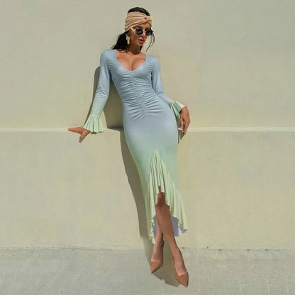 Elegant Gradient Ruffle Party Dress Women