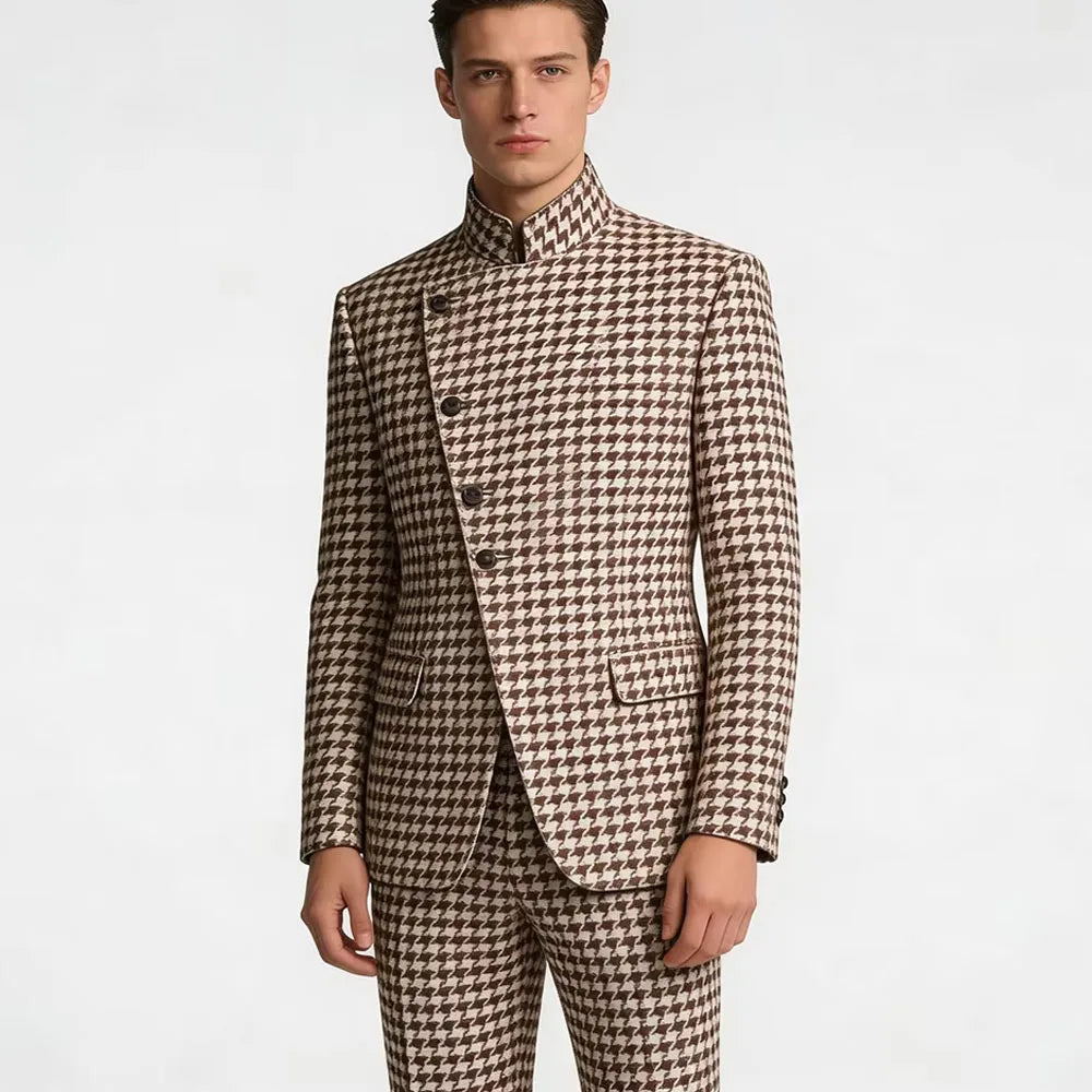Houndstooth Mandarin-Collar Slim Suit