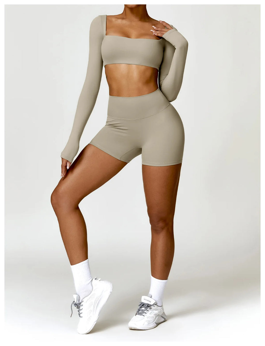 Nylon Solid Long Sleeve Two-Piece Yoga Set