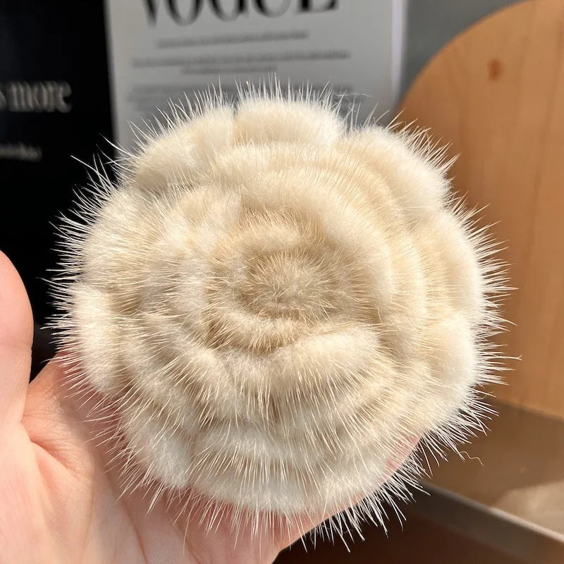 Real Mink Fur Flower Brooch