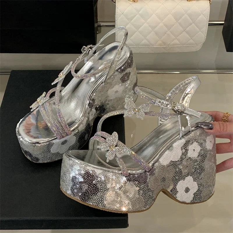 Women Sequin Butterfly Wedge Sandals