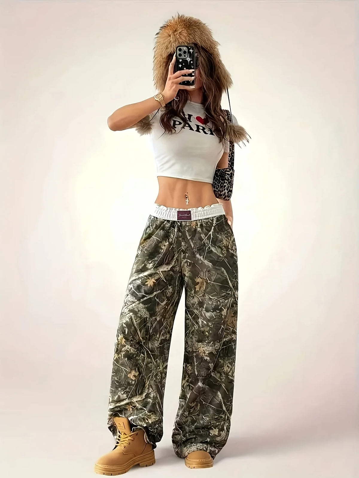 Camouflage Print Wide-Leg Pants