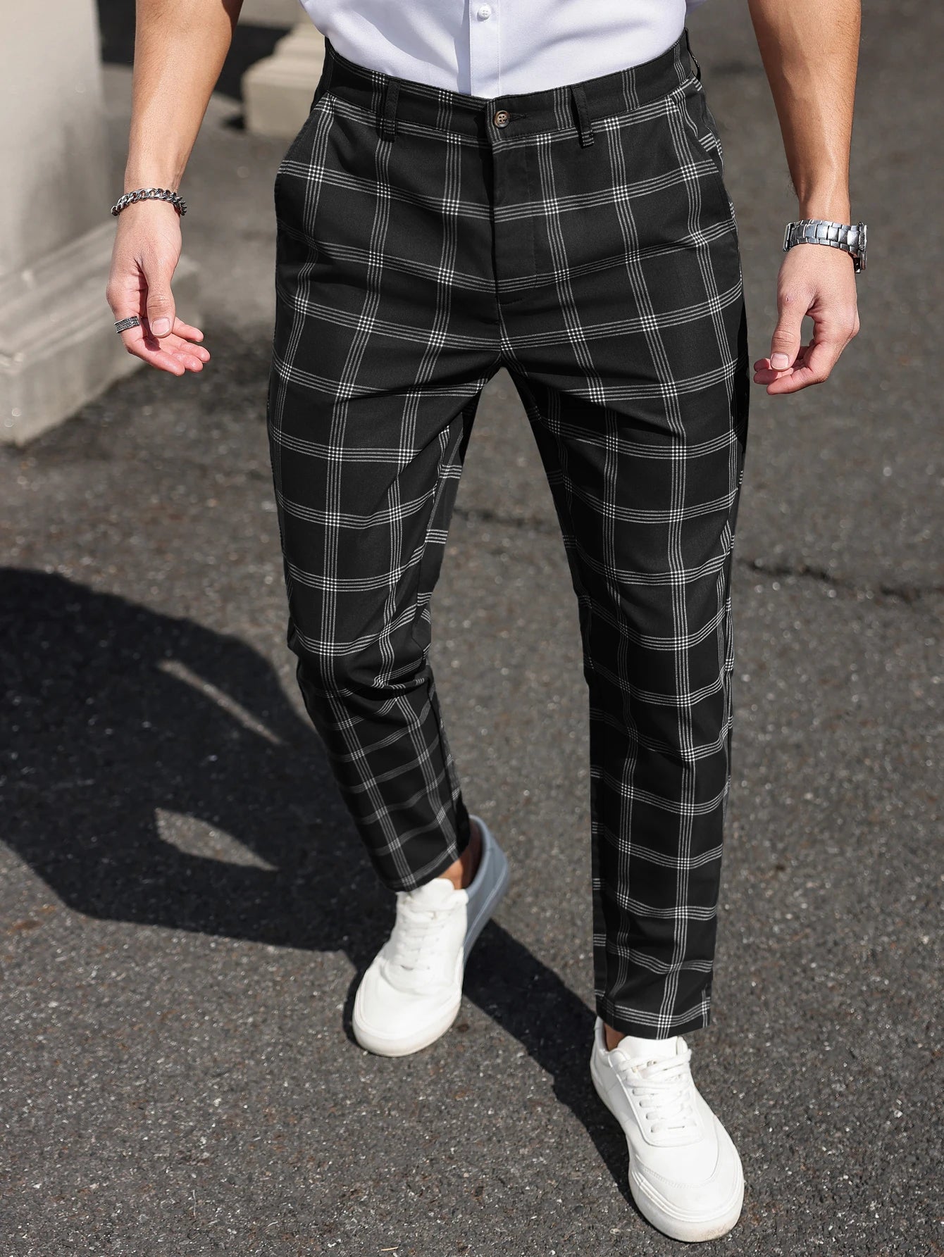 Plaid Tapered Cropped Dress Trousers